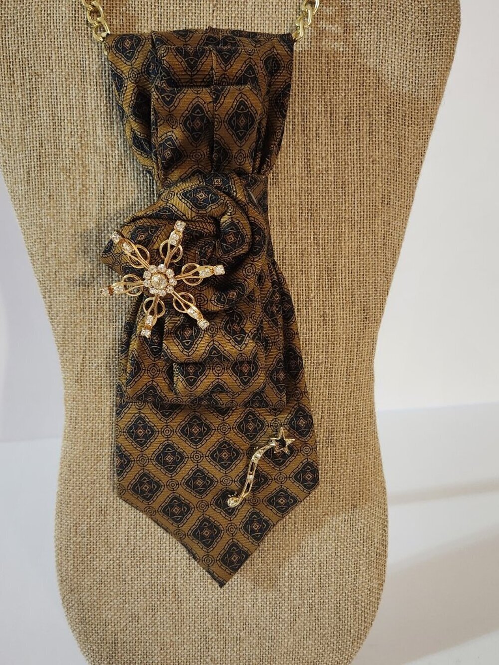 Upcycled Necktie Necklace with Vintage Star Brooches n Chain Necklace Blue Gold